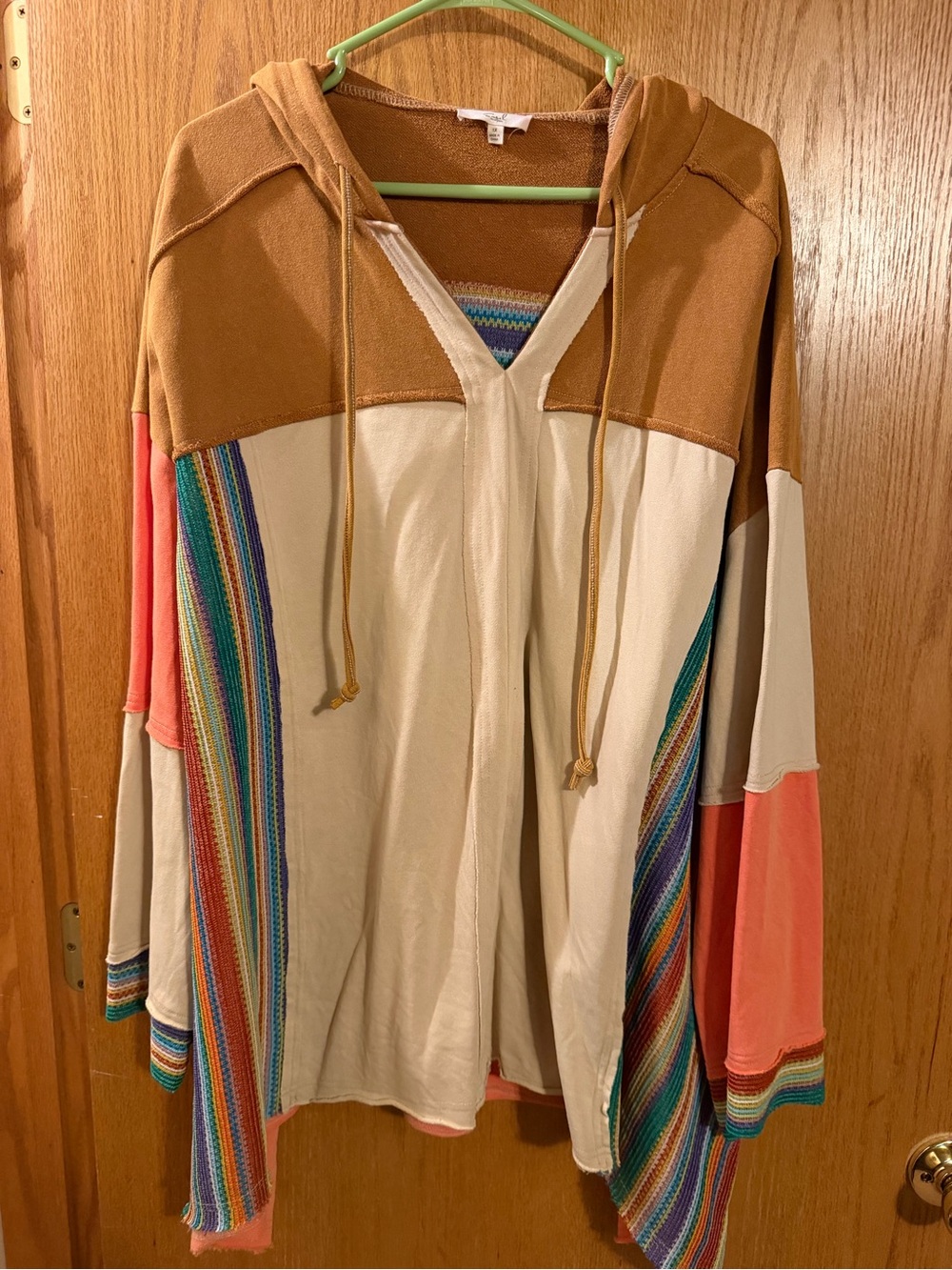 easel Colorblock Hooded top in Cream, Brown & Coral with Rainbow Trim